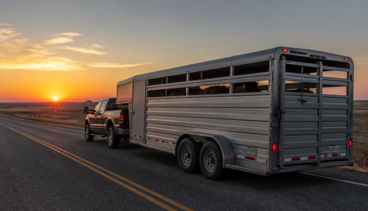 A gooseneck livestock trailer behind a pickup on a rural highway at sunrise