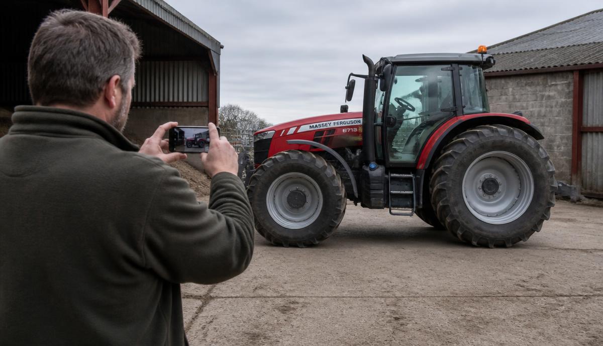 A farmer photographing a red tractor with a smartphone in a farmyard