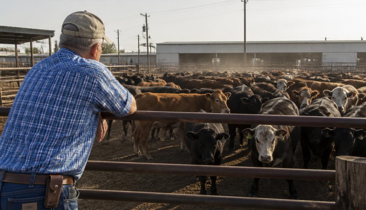 A rancher leaning on a corral gate looking at a pen of feeder calves