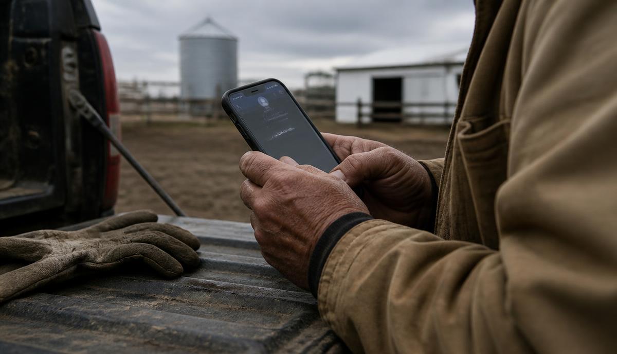 A farmer holding a phone showing a message while leaning on a truck tailgate
