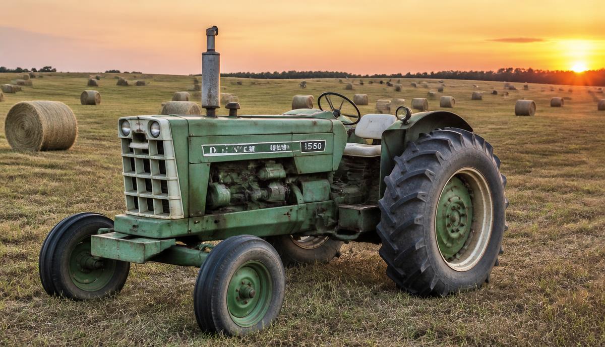 An older green utility tractor parked in a hay field at sunset